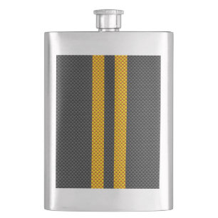 Vibrant Yellow Racing Stripes Carbon Fibre Style Hip Flask