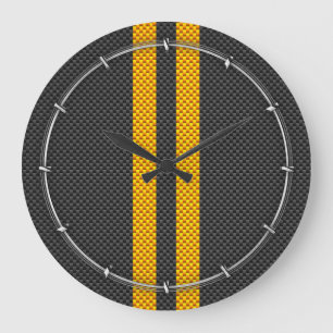 Vibrant Yellow Racing Stripes Carbon Fibre Style Large Clock