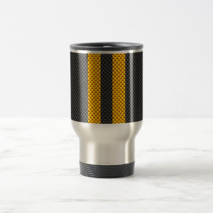 Vibrant Yellow Racing Stripes Carbon Fibre Style Travel Mug