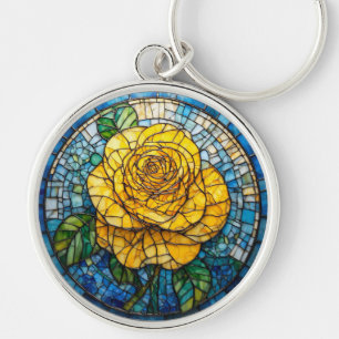 Vibrant Yellow Rose Circular Stained Glass Art Key Ring