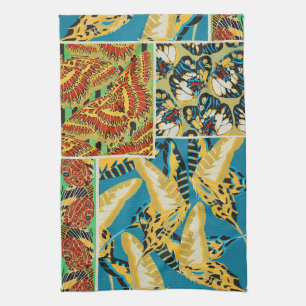 Vibrant Yellow & Teal Art Deco Butterfly Art Tea Towel
