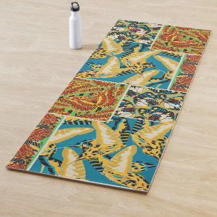 Vibrant Yellow & Teal Art Deco Butterfly Art Yoga Mat
