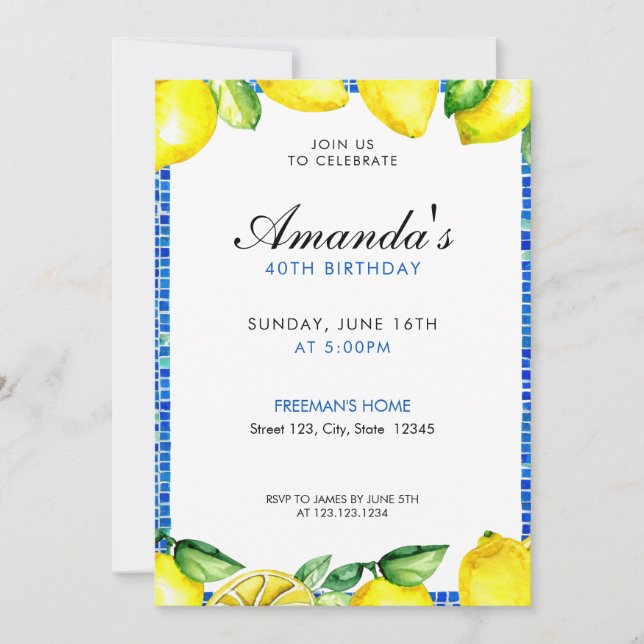 Vibrant Yellow Watercolor Lemon 40th Birthday Invitation (Front)