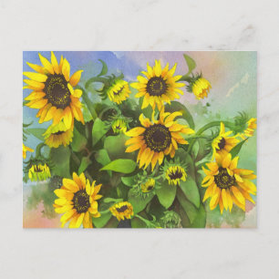 Vibrant Yellow, Watercolor Sunflowers Postcard