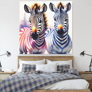 Vibrant Zebra Duo Watercolor Pointillism Art Canvas Print