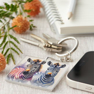  Vibrant Zebra Duo Watercolor Pointillism Art  Key Ring