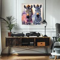 Vibrant Zebra Duo Watercolor Pointillism Art