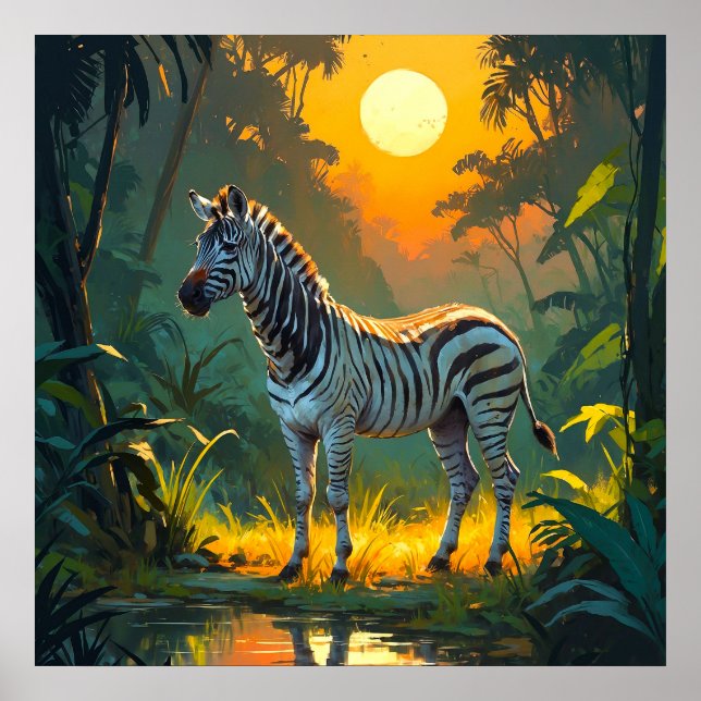 Vibrant Zebra in Jungle with Sunset Painting Poster (Front)