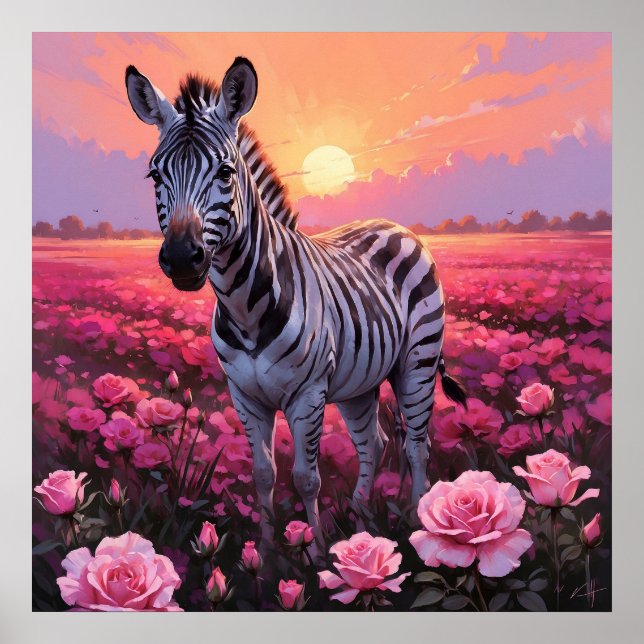 Vibrant Zebra in Pink Rose Field Painting Poster (Front)