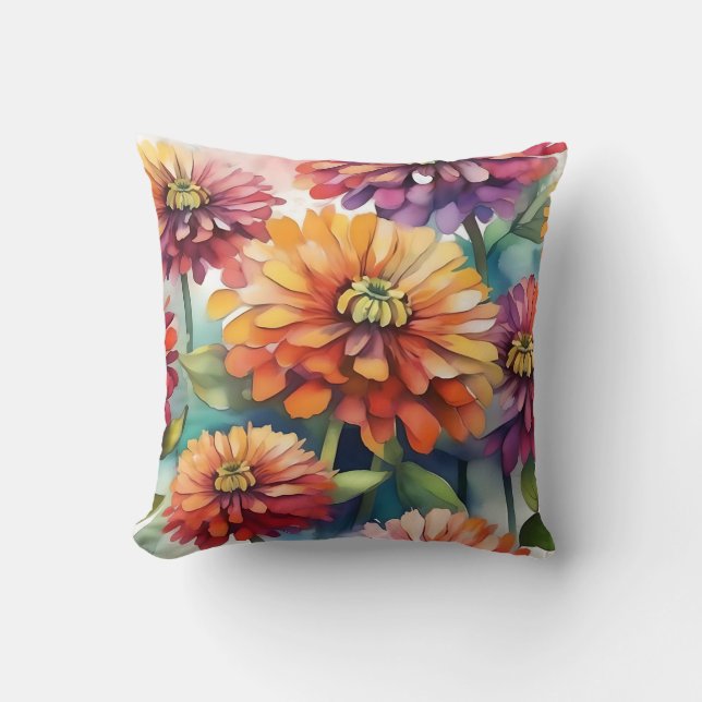 Vibrant Zinnia Blooms Abstract Watercolor Cushion (Front)