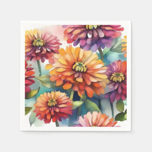 Vibrant Zinnia Blooms Abstract Watercolor Napkin