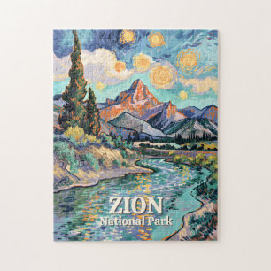 Vibrant Zion River Sunset Retro Van Gogh Watchman Jigsaw Puzzle