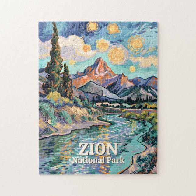 Vibrant Zion River Sunset Retro Van Gogh Watchman Jigsaw Puzzle (Vertical)