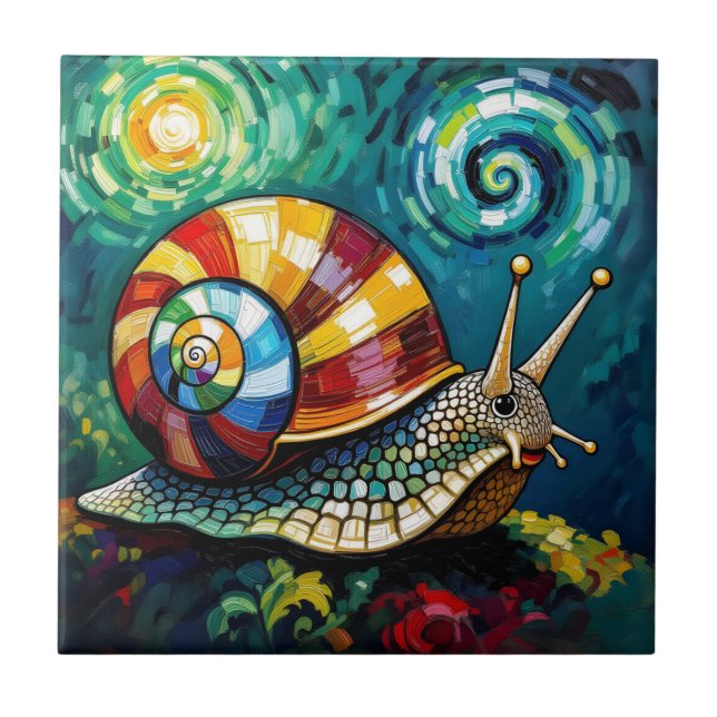 Vibrantly Colorful Impasto Whimsical Snail Tile (Front)