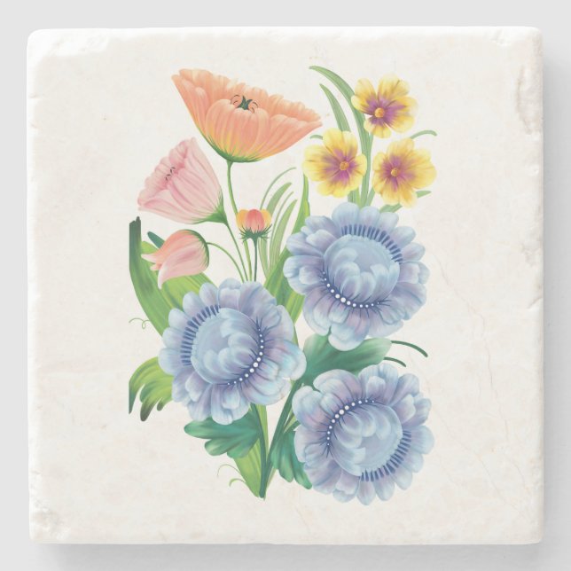 Vibrantly Coloured Folk Art Floral Stone Coaster (Front)