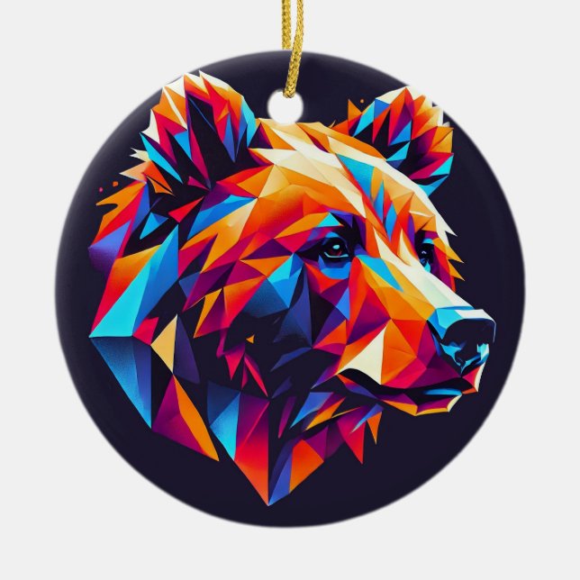 Vibrantly Coloured Geometric Bear Illustration Ceramic Tree Decoration (Front)