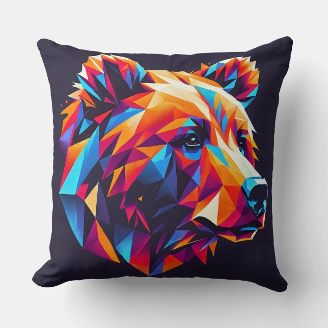 Vibrantly Coloured Geometric Bear Illustration Cushion (Front)