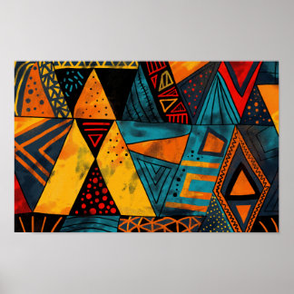 Vibrantly colourful triangles with tribal patterns poster