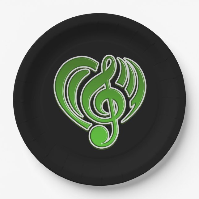 Vibrations Musical Love Green Heart Music Note DJ Paper Plate (Front)