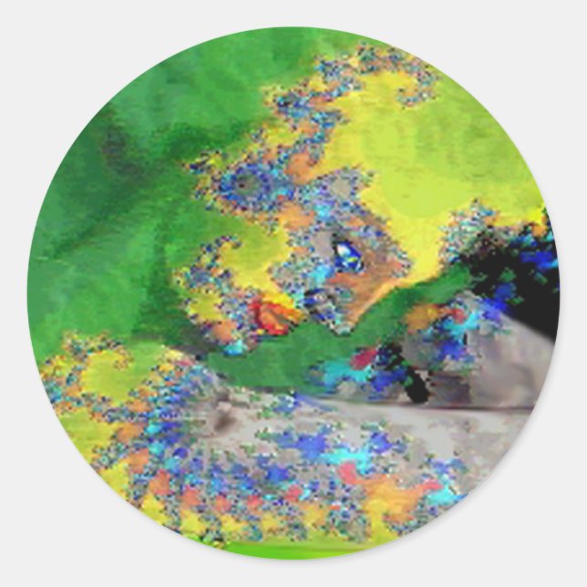 VIBRATIONS OF MATTER,LADY IN GREEN YELLOW FRACTALS CLASSIC ROUND STICKER (Front)