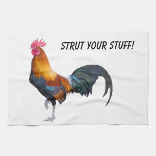 Vibriantly coloured rooster "strutting it's stuff" tea towel