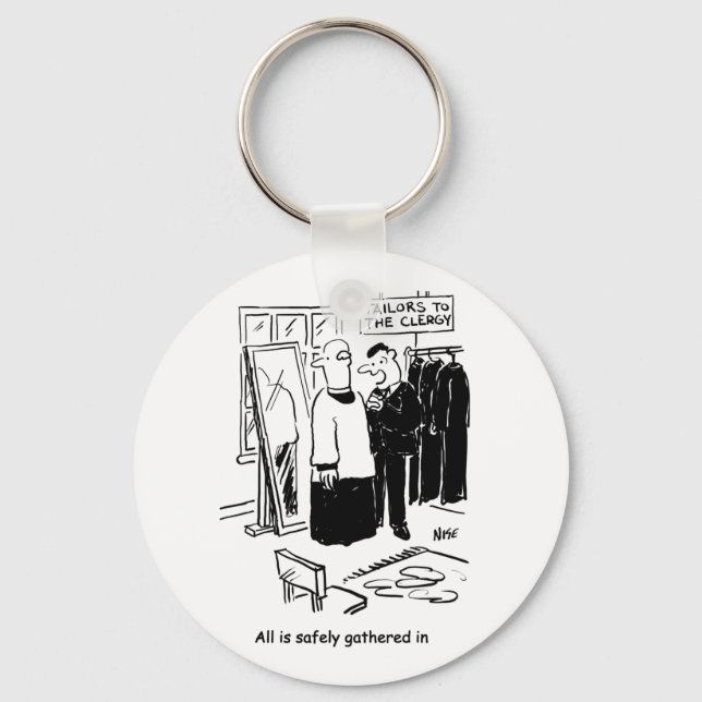 Vicar has a Cassock Fitting Church Cartoon Key Ring (Front)
