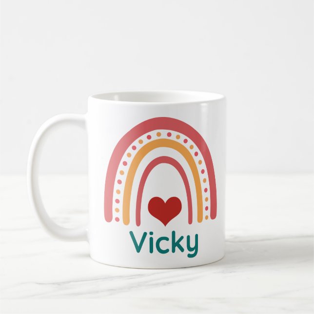 Vicky Name Vintage Boho Rainbow Coffee Mug (Left)