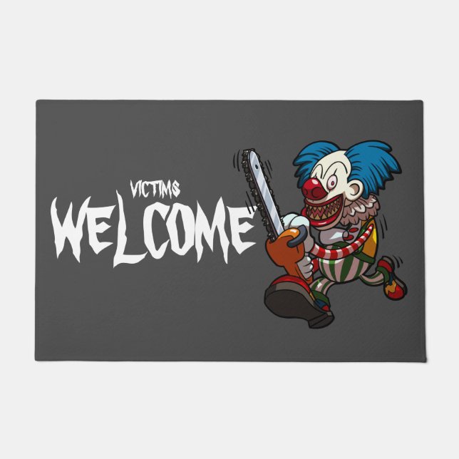 Victims Welcome Chainsaw Clown Halloween Cartoon Doormat (Front)