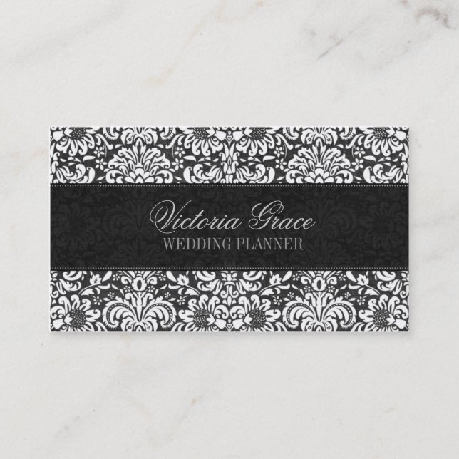 Victoria Black Grey Damask Chic Business Card (Front)