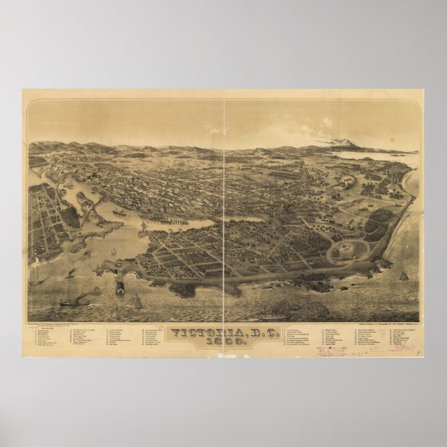 Victoria British Columbia 1889 Antique Panorama Poster (Front)