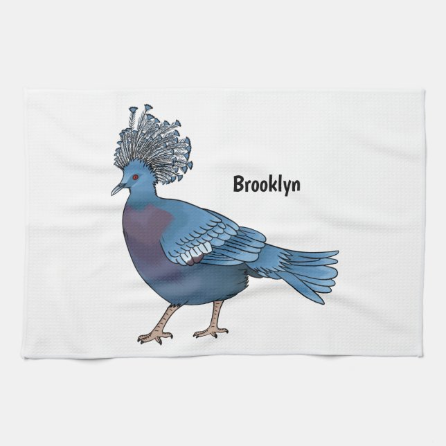 Victoria crowned pigeon bird cartoon illustration  tea towel (Horizontal)