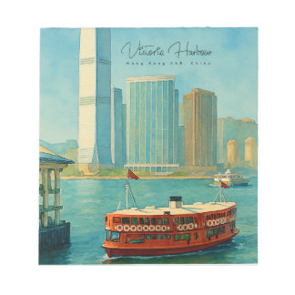 Victoria Harbor Hong Kong Retro Skyline Notepad