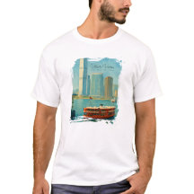 Victoria Harbour Hong Kong Retro Skyline Watercolo
