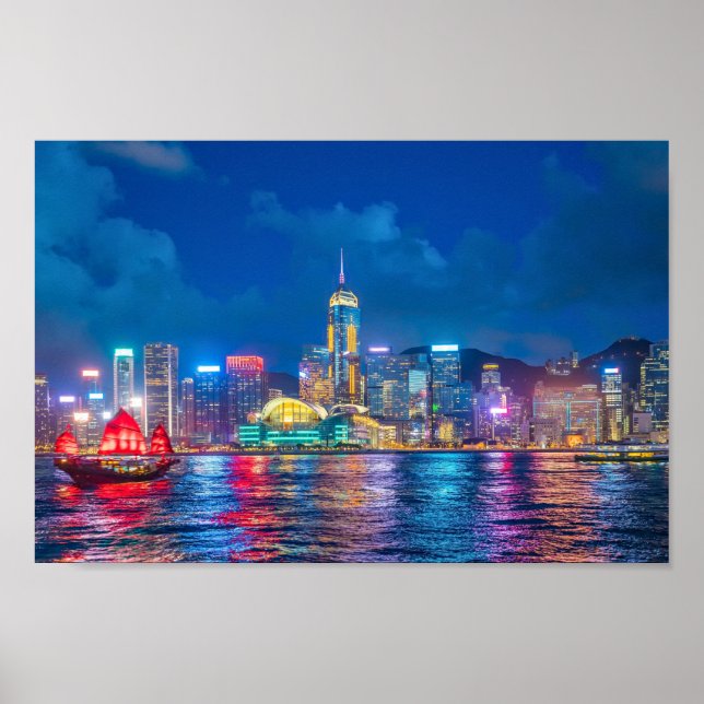Victoria Harbour & Hong Kong Skyline at Night Poster (Front)