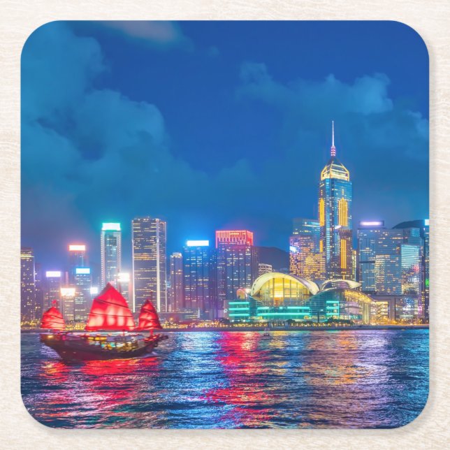 Victoria Harbour & Hong Kong Skyline at Night Square Paper Coaster (Front)