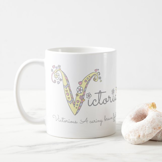 Victoria name meaning decorative V monogram mug (With Donut)