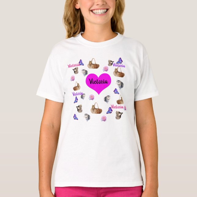 Victoria Name With Cats And Butterflies, T-Shirt (Front)