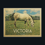 Victoria Texas Horse Farm - Vintage Travel Postcard<br><div class="desc">Victoria Texas rural vintage travel postcard.  It features a white horse grazing on green grass with fence and blue clouds sky above. A fun country farm image with rustic charm.</div>