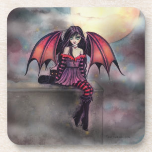 Victoria Vampire Fairy with Cat Halloween Art Coaster