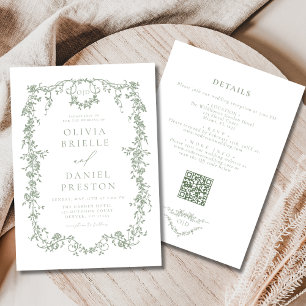 Victorian All In One Sage Green QR Code Wedding Invitation