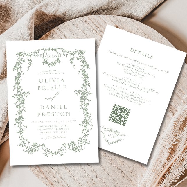 Victorian All In One Sage Green QR Code Wedding Invitation (Creator Uploaded)