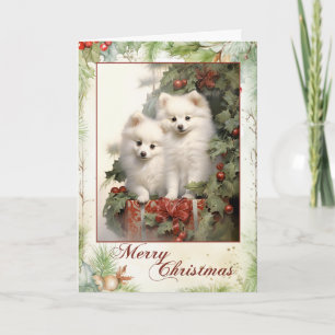 Victorian American Eskimo Puppy Christmas Holiday Card