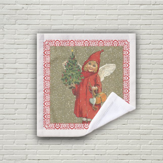Victorian Angel Red Cape Christmas Tree Snow Wash Cloth (Little Victorian angel red cape, Christmas tree in red frame on tan with snowflakes on wash cloth.)