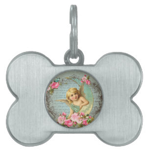 Victorian Angel vintage blue rose pink antique Pet ID Tag