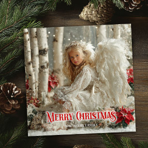 Victorian angelic angel red poinsettias festive  holiday card