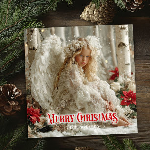 Victorian angelic angel red poinsettias holiday card