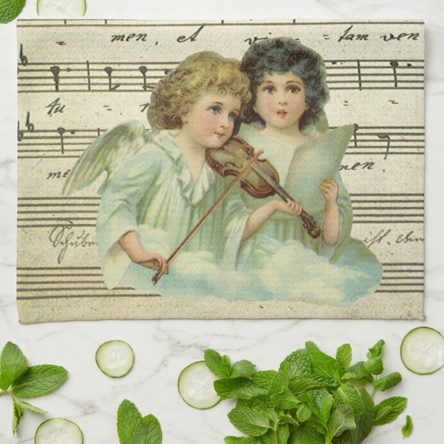 Victorian Angels Violin and Sheet Music Tea Towel (Folded)