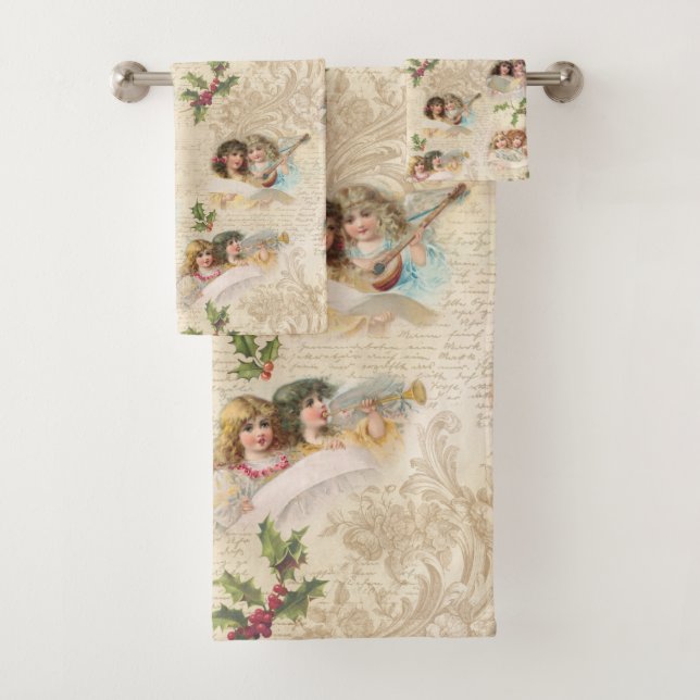 Victorian Angels w/Music, Script & Holly Bath Towel Set (Insitu)