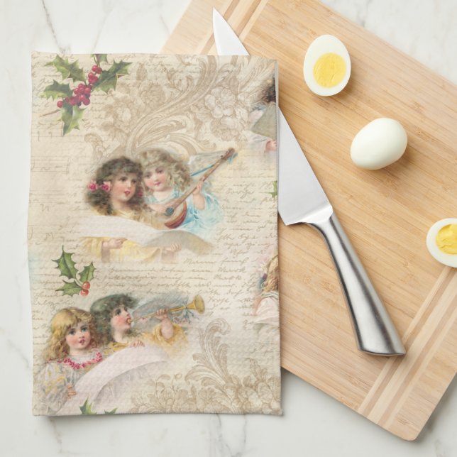 Victorian Angels w/Music, Script & Holly Tea Towel (Quarter Fold)