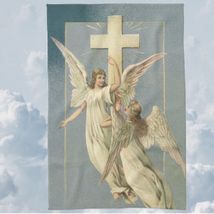 Victorian Angels with a Cross, Vintage Easter Tea Towel